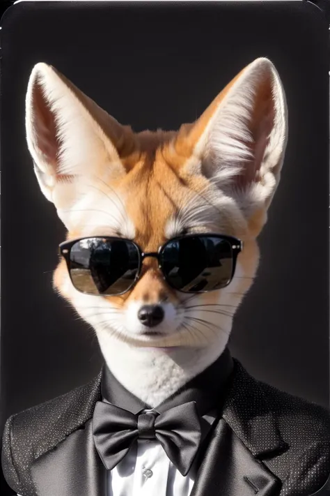 Fennec Fox Hyperrealistic intricate, (colorful), heavy detailed, full-body shot (men in black agent half FOX alien face with FUR skin wearing (full fabric black tuxedo and sunglasses:1.2), (portrait_futurism:1.4), showingg tight, detailed FOX face, real, atmospheric, sharp, detailed skin, high textured, anatomical face, biomechanical details, (muted colors:1.1), alt_style, cinematic, precise, (monochromatic), shadowy:3, (dark colors:1.1) cool tones, alt_perspective, dramatic, polaroid film, polaroid photography, retro, lifelike, rangefinder, 5k uhd, Dolby vision, ultra-refined, elite texture, vivid contrast.
film, photo realism, DSLR, 8k uhd, hdr, ultra-detailed, high quality, high contrast. <lyco:Fennec Fox:1.0>