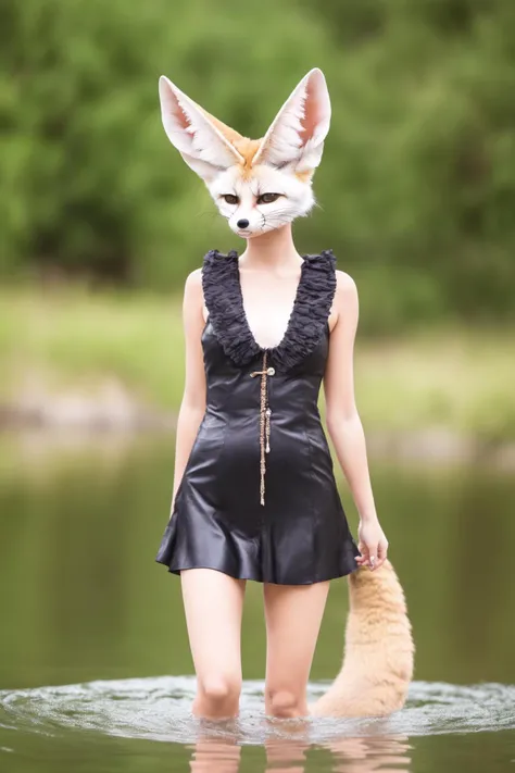 a photo of a [cute young girl hybrid AS A Fennec Fox ] as a pirate, 8k  , (((full-body))), SWIMING IN A LAKE , 150mm, NIKON D700,   <lyco:Fennec Fox:1.0>