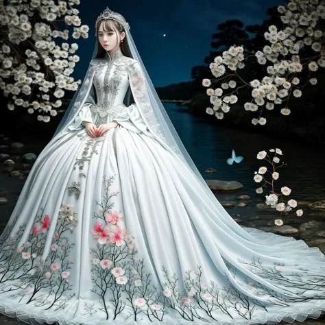 original, (masterpiece), (illustration), (extremely fine and beautiful), (perfect details), (beautiful and clear background:1.25), (depth of field:0.7), (stands aside the river:1.15). (cute:1.3), (detailed beautiful eyes:1.3), (beautiful face:1.3), silver hair, silver ear, (pink hair:0.7), (pink ear:0.7), long hair, (hair blowing with the wind:1.1), (blue eye:1.1), (female internet celebrity:1.2), butterflys flying around, (moon light:0.6), tree, (summer), (night:1.2), (close-up:0.35), (gloves:0.8), solo,full body,hjy<lora:hjy-10:0.7>