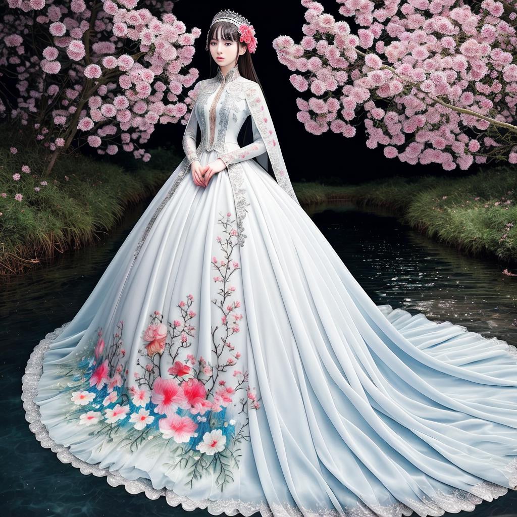 A woman in a wedding dress standing in front of a pond - SeaArt AI