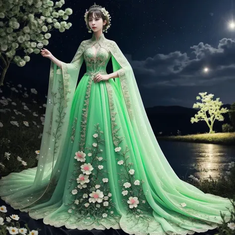 A woman in a green dress standing in front of a lake - SeaArt AI