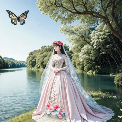 original, (masterpiece), (illustration), (extremely fine and beautiful), (perfect details), (beautiful and clear background:1.25), (depth of field:0.7), (stands aside the river:1.15). (cute:1.3), (detailed beautiful eyes:1.3), (beautiful face:1.3), silver hair, silver ear, (pink hair:0.7), (pink ear:0.7), long hair, (hair blowing with the wind:1.1), (blue eye:1.1), (female internet celebrity:1.2), butterflys flying around, (moon light:0.6), tree, (summer), (night:1.2), (close-up:0.35), (gloves:0.8), solo,full body,hjy<lora:hjy-10:0.7>