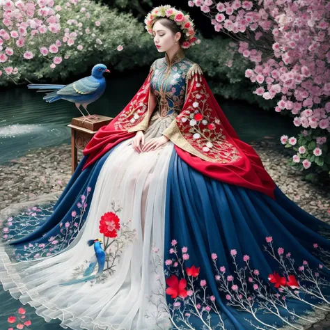 original, (masterpiece), (illustration), (extremely fine and beautiful), (perfect details), (beautiful and clear background:1.25), (depth of field:0.7), (stands aside the river:1.15). (cute:1.3), (detailed beautiful eyes:1.3), (beautiful face:1.3), silver hair, silver ear, (pink hair:0.7), (pink ear:0.7), long hair, (hair blowing with the wind:1.1), (blue eye:1.1), (female internet celebrity:1.2), butterflys flying around, (moon light:0.6), tree, (summer), (night:1.2), (close-up:0.35), (gloves:0.8), solo,full body,hjy, a woman in a red and blue dress with a bird on it<lora:hjy-10:0.8>