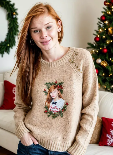 RAW photo of 20 years old alextanner-ti, natural lighting, 8k uhd, dslr, high quality, film grain, Fujifilm XT3, <lora:add_detail:0.7>, by Tim Walker, christmas theme, young, wearing a sweater