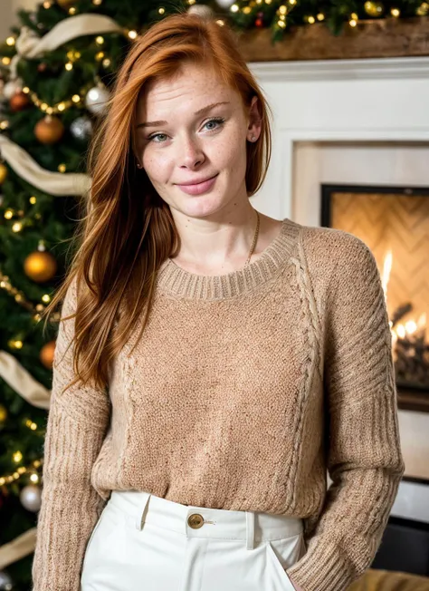 8k, best quality, (photorealistic:1.4), 1 girl, blond hair, short hair length, wavy hair, athletic, Nordic, wearing a sweater, jeans, and boots pose: decorating a Christmas tree