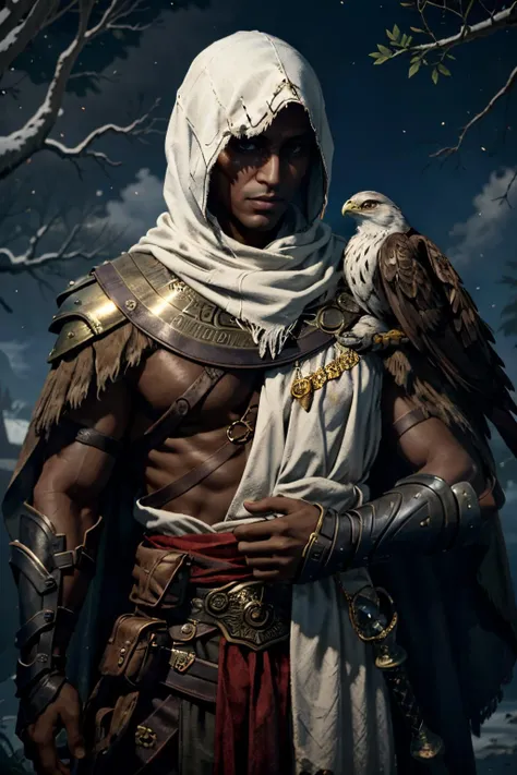 BayekAssa, 1bird, 1boy, male focus, dark skin, animal on arm, solo, hood, vambraces, sword, cape, realistic, armor, eagle, dark-skinned male
masterpiece, best quality,
<lora:epi_noiseoffset2:1>, <lora:BayekAssa:0.7>