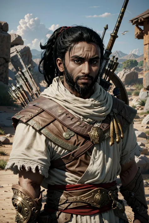 BayekAssa, 1boy, facial hair, male focus, solo, beard, black hair, weapon, arrow (projectile), quiver, sword, realistic, ponytail, armor, blurry background, portrait, weapon on back
masterpiece, best quality,
<lora:epi_noiseoffset2:1>, <lora:BayekAssa:0.7>