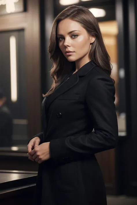 photo of L4ur4V4nd3rv00rt_HM-130, a woman, perfect hair, (modern photo), wearing black jeans, black button-up shirt, wool coat, 35mm short telephoto (analog, cinematic, film grain:1.3), Interstellar Trading Post, Marketplace with exotic goods, alien species, and diverse intergalactic cultures., detailed eyes, professional pose, (epiCPhoto), (looking at viewer:1.1), (cinematic shot:1.3), (hard style lighting), OverallDetail, SkinHairDetail