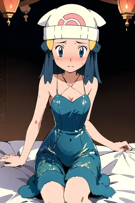 masterpiece, best quality, 1girl, dawn (pokemon), beanie, long hair, blue hair, blue eyes, looking at viewer, embarrassed, blush, sweat, <lora:dawnPokemon-10:0.5>, evening dress, <lora:eveningDressS14:0.8>