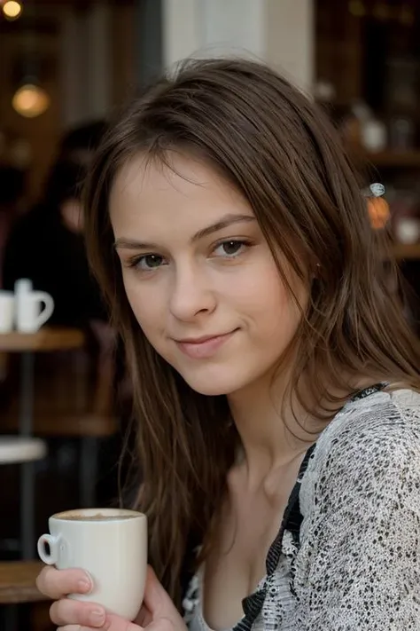 <lora:BeataUndine:0.8>, full color portrait of a young woman, having coffee at a vintage cafe, natural light, RAW photo, subject, 8k uhd, dslr, soft lighting, high quality, film grain, Fujifilm XT3