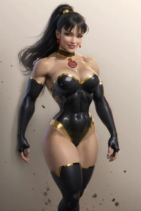 (masterpiece, best quality:1.2), <lora:superwoman_(mary_batson):1>, superwoman (mary batson), masterpiece, best quality, 1girl, solo, breasts, black hair, thighhighs, large breasts, leotard, dark skin, long hair, gloves, hand on hip, dark-skinned female, ponytail, choker, jewelry, cleavage, abs, fingerless gloves, elbow gloves, bare shoulders, black gloves, strapless, black thighhighs, makeup, black leotard, strapless leotard, smile, muscular female, earrings, muscular, lipstick, lips, bangs, covered navel, black eyes, toned, highleg leotard, blunt bangs, thighs