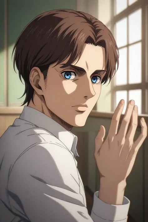 score_9, score_8_up, score_7_up, source_anime, rating_safe, , semi-realistic, looking at viewer, depth of field, 1boy, male focus, blue eyes, medium brown hair, ,, solo, from side, classroom, indoors, jojo pose, :D, <lora:shingeki_no_kyojin_s4_style_pony:0.88>, shingeki_no_kyojin_s4_style, <lora:sdxl_lightning_8step_lora:1>