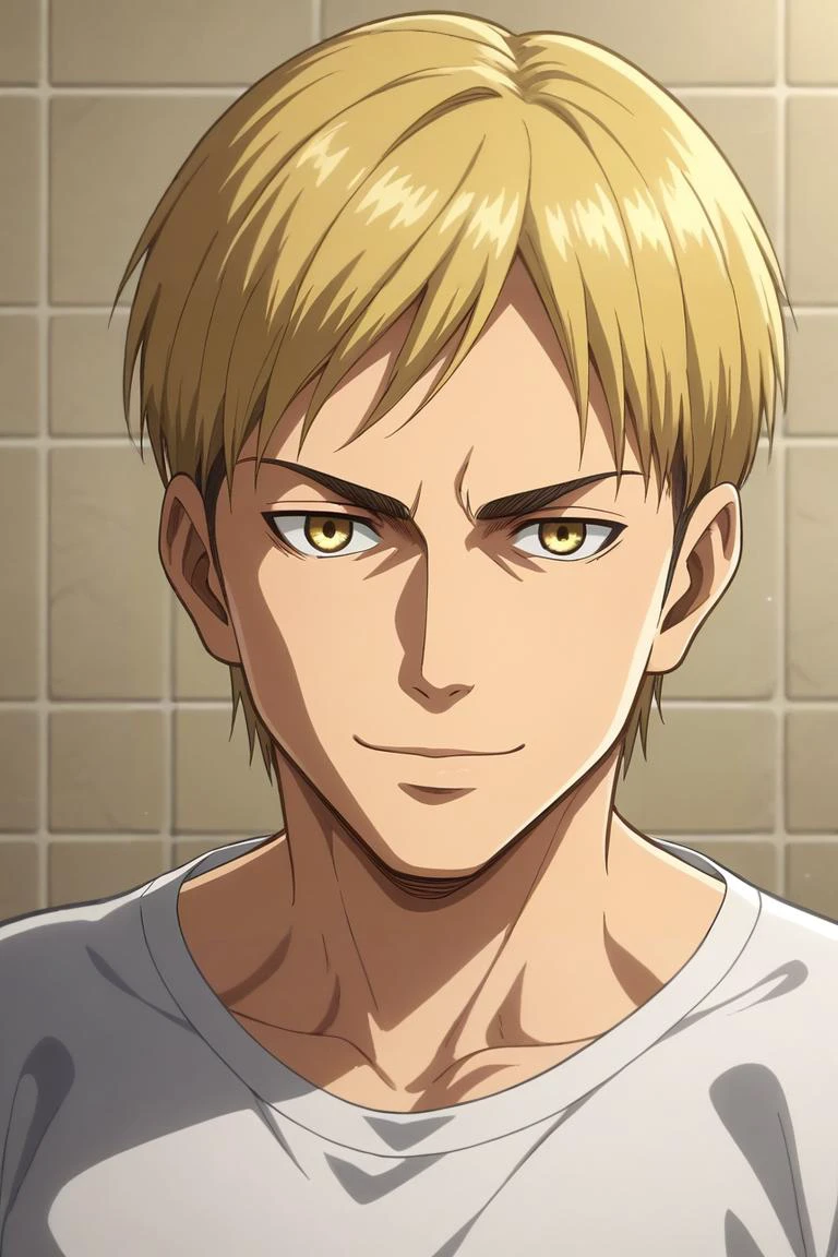 score_9, score_8_up, score_7_up, source_anime, rating_safe, intricate details, anime screencap, anime coloring, , looking at viewer, , 1boy, male focus, gold eyes, ash blonde hair,, solo, panorama, bathroom, noon, arm support, smirk, <lora:shingeki_no_kyojin_style_pony:0.76>, shingeki_no_kyojin_style, <lora:sdxl_lightning_8step_lora:1>