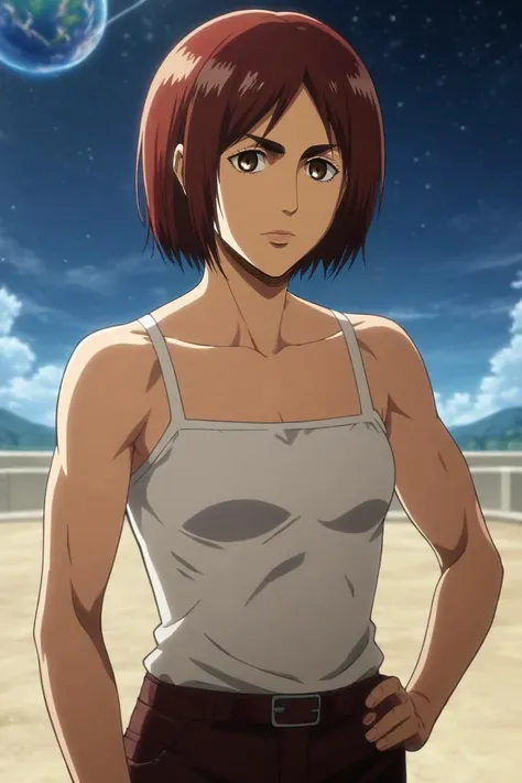 score_9, score_8_up, score_7_up, source_anime, rating_safe, intricate details, anime screencap, , , looking at viewer, depth of field, 1girl, dark brown eyes, burgundy hair,, solo, cowboy shot, space, planets, noon, hand on hip, :o, <lora:shingeki_no_kyojin_style_pony:0.98>, shingeki_no_kyojin_style, <lora:sdxl_lightning_8step_lora:1>