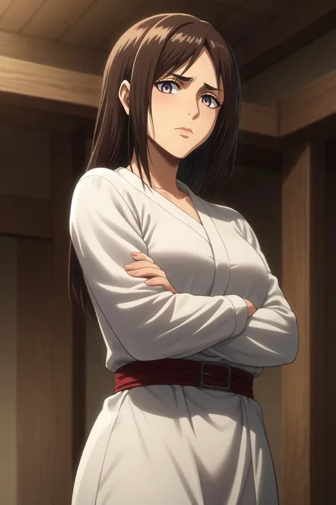 score_9, score_8_up, score_7_up, source_anime, rating_safe, intricate details, , looking at viewer, depth of field, 1girl, peach eyes, dark brown hair, korean clothes, solo, from below, great wall of china, indoors, crossed arms, nervous, <lora:shingeki_no_kyojin_style_pony:0.94>, shingeki_no_kyojin_style, <lora:sdxl_lightning_8step_lora:1>