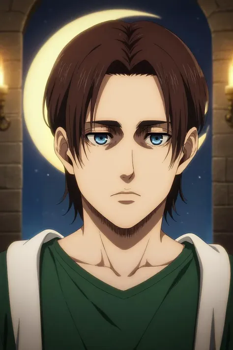 score_9, score_8_up, score_7_up, source_anime, rating_safe, intricate details, semi-realistic, , , 1boy, male focus, ice blue eyes, chocolate hair, christmas costume, solo, upper body, palace, night, crescent moon, twisted torso, expressionless, <lora:shingeki_no_kyojin_s4_style_pony:1>, shingeki_no_kyojin_s4_style, <lora:sdxl_lightning_8step_lora:1>