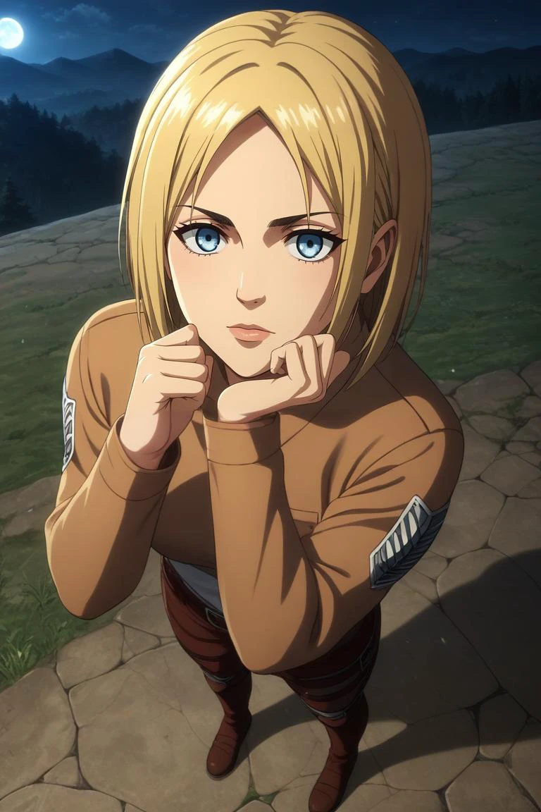 score_9, score_8_up, score_7_up, source_anime, rating_safe, , (3d:0.4), looking at viewer, , 1girl, light blue eyes, honey blonde hair,, solo, from above, full body, grand canyon, night, full moon, victory pose, giggling, <lora:shingeki_no_kyojin_style_pony:0.86>, shingeki_no_kyojin_style, <lora:sdxl_lightning_8step_lora:1>