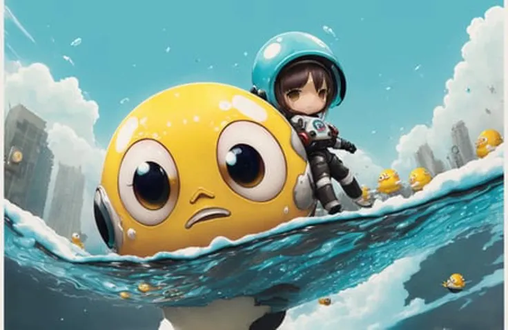 ((((by Jeremy Geddes)))), (by Hikari Shimoda),(black outlines), anime style, (((chibi))), ((cartoon style)), (cartoonized), slime girl, slime, ((melting)), blue, made out of ((water)), photo of a monster girl, cartoon eyes, blue girl, blue skin, onigiri, astronaut, fisheye, floating, snow globe, cristal eyes, ((gudetama)),