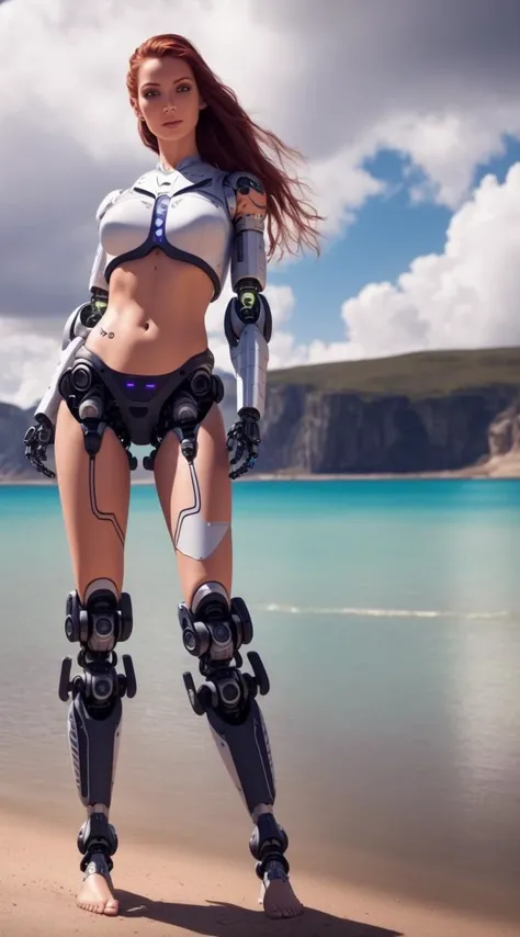 modelshoot style, (extremely detailed CG unity 8k wallpaper), full body view (cyborg girl:1.55) in a ((( shorts ))). mechanical arms, (thin robotic spine:1.5), standing in shallow water on an island. white purple brown colors, ((((runic tattoos)))), on a cloudy sky background on a shore. strap leather ((bracelets)), slim, small breasts, (((bare feet))), sandals, athletic, women touching, smile, soft, shirt, low light, intricate fabric, delicate fabric, lace, cheer , ((skimpy)), nude, athletic, sci-fi, cyborg, great legs, by Richard Doyle