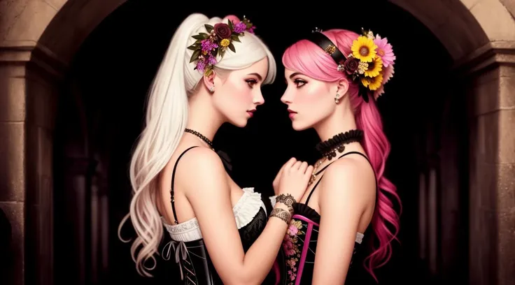 a detailed painting of girls with sprigs and flowers in her hair. wearing corset frills, inspired by Alexander Bogen, Greg Rutkowski. black-white-pink-silver-yellow colors, full dynamic color, close up character, intricate punk woman with runic face tattoos, kiss, hug, kissing breasts, short blonde hair, in a shadowed archway, medieval, urban, alley, night