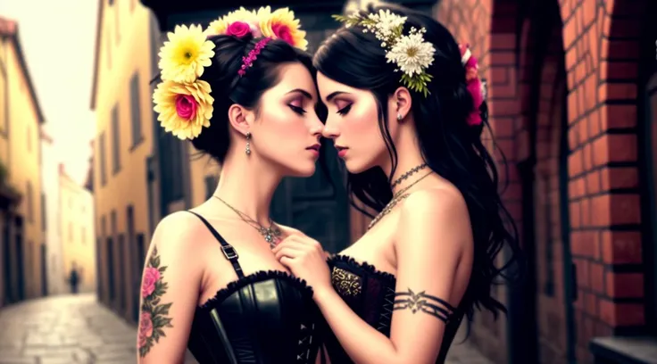 a detailed painting of girls with sprigs and flowers in her hair. wearing corset frills, inspired by Alexander Bogen, Greg Rutkowski. black-white-pink-silver-yellow colors, full dynamic color, close up character, intricate punk woman with runic face tattoos, kiss, hug, kissing breasts, short blonde hair, in a shadowed archway, medieval, urban, alley, night