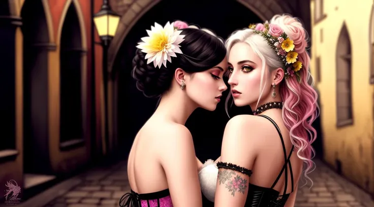 a detailed painting of girls with sprigs and flowers in her hair. wearing corset frills, inspired by Alexander Bogen, Greg Rutkowski. black-white-pink-silver-yellow colors, full dynamic color, close up character, intricate punk woman with runic face tattoos, kiss, hug, kissing breasts, short blonde hair, in a shadowed archway, medieval, urban, alley, night