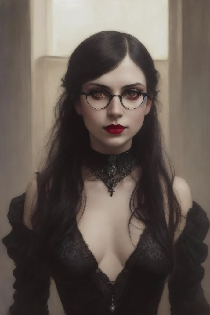 ((by Anders Zorn)), (by Annie Swynnerton), ((realistic)), photo referenced, highest quality, high quality, (detailed face and eyes:1.1), skinny goth girl, glasses, choker, dusk lighting, freckles, vintage clothes, full body, ((futuristic)), hand behind back, (black hair), victorian clothes, strong makeup, black lipstick, ponytail, one-piece swimsuit, navel cut