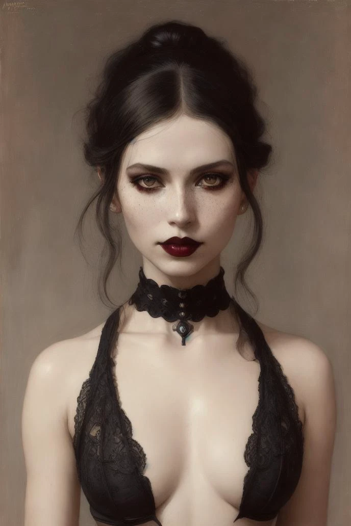((by Anders Zorn)), (by Annie Swynnerton), ((realistic)), photo referenced, highest quality, high quality, (detailed face and eyes:1.1), skinny goth girl, glasses, choker, dusk lighting, freckles, vintage clothes, full body, ((futuristic)), hand behind back, (black hair), victorian clothes, strong makeup, black lipstick, ponytail, one-piece swimsuit, navel cut