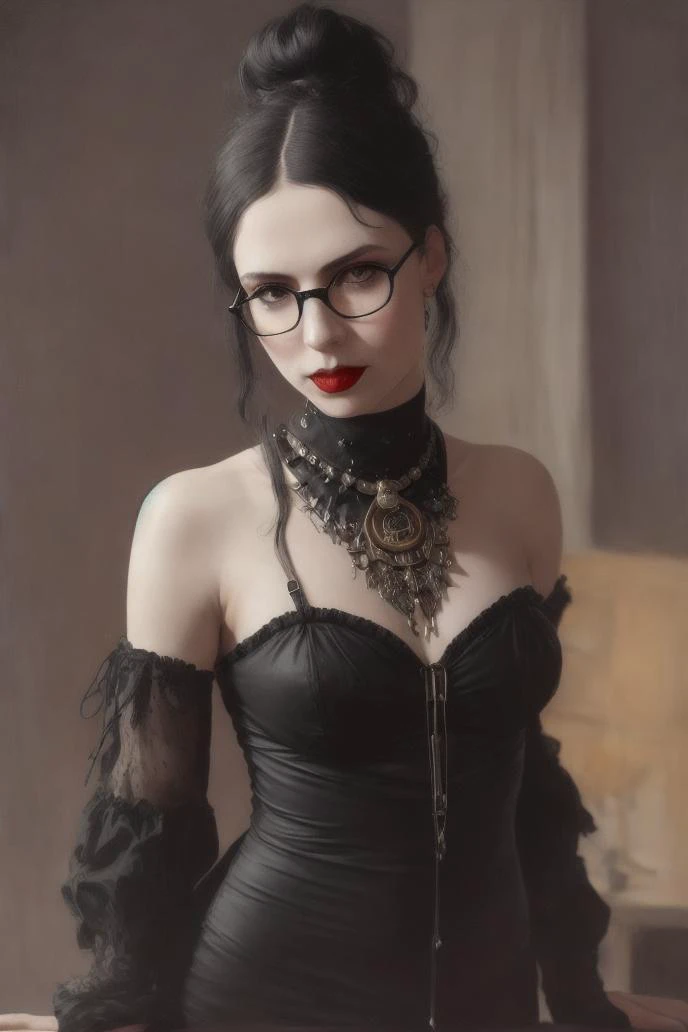 ((by Anders Zorn)), (by Annie Swynnerton), ((realistic)), photo referenced, highest quality, high quality, (detailed face and eyes:1.1), skinny goth girl, glasses, choker, dusk lighting, freckles, vintage clothes, full body, ((futuristic)), hand behind back, (black hair), victorian clothes, strong makeup, black lipstick, ponytail, one-piece swimsuit, navel cut