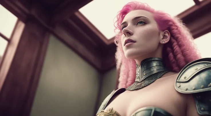tiktok girl, (from_below:1.31) (standing:1.23) pink_hair , locks , victorian-era , white (knights armor) , dojo , jewelry, (full_body:1.4), (realistic:1.4), masterpiece, high quality, realistic lighting, center of frame, 8k, hdr, amateur, (freckles:0.86) , professional photography, masterpiece