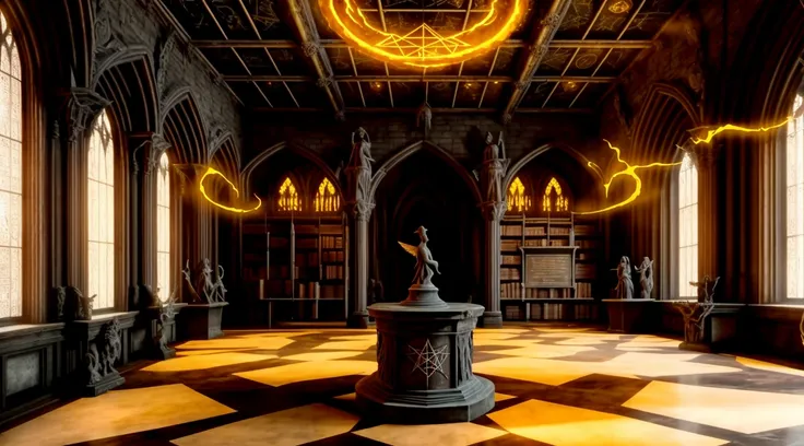 (spooky) photography of arcane magical (library), abandoned intricate detail, many levels, (spooky), dusty. ((((statue))) (female girl woman)), close up middle ages, medieval, (nude, wings), podium, jewelry, (realistic:1.3), masterpiece, high quality, realistic lighting, lamps, 8k, hdr, painted ceiling, (broken windows), ((ritual pentagram floor molten glowing altar)) circle, steampunk