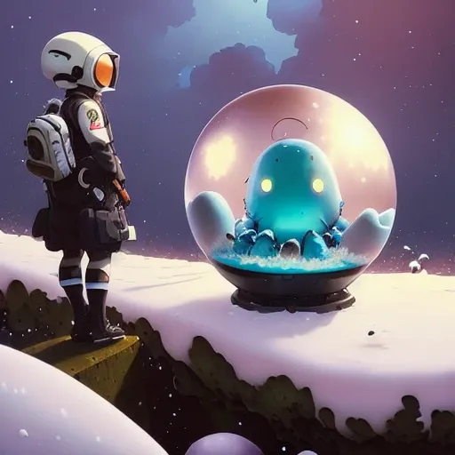 ((((by Jeremy Geddes)))), (by Hikari Shimoda),(black outlines), anime style, ((cartoon style)), (cartoonized), slime girl, slime, ((melting)), blue, made out of water, photo of a monster girl, cartoon eyes, blue girl, blue skin, onigiri, astronaut, fisheye, floating, snow globe, cristal eyes