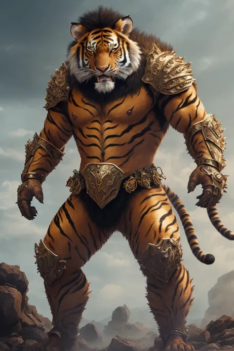 insane detail, standing, full body, painting, realistic lighting, cinematic lighting, real photo, bokeh, detailed face, ((portrait)), masterpiece portrait, detailed face,((realistic)), furry, tiger man, tiger pattern, muscular, muscular man, fans, open mouth, armor, lion, ((mane)), full armor, magma