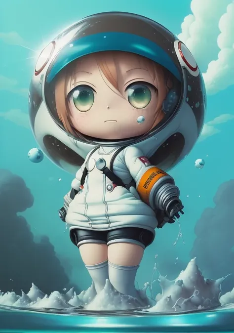 ((((by Jeremy Geddes)))), (by Hikari Shimoda),(black outlines), anime style, (((chibi))), ((cartoon style)), (cartoonized), slime girl, slime, ((melting)), blue, made out of water, photo of a monster girl, cartoon eyes, blue girl, blue skin, onigiri, astronaut, fisheye, floating, snow globe, cristal eyes