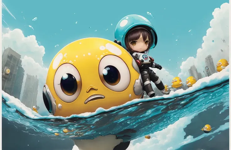 ((((by Jeremy Geddes)))), (by Hikari Shimoda),(black outlines), anime style, (((chibi))), ((cartoon style)), (cartoonized), slime girl, slime, ((melting)), blue, made out of ((water)), photo of a monster girl, cartoon eyes, blue girl, blue skin, onigiri, astronaut, fisheye, floating, snow globe, cristal eyes, ((gudetama)),