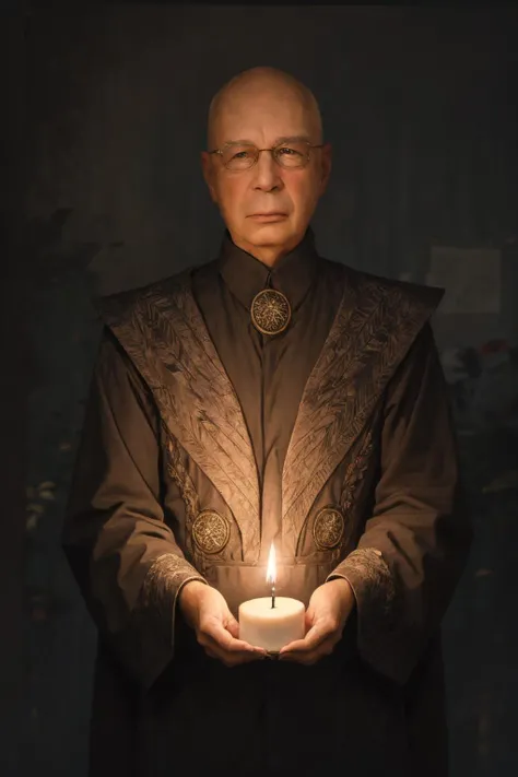 klaus schwab, an evil magician, necromancer, fantasy, dark energy, skull, candle, spooky background, <lora:klaus_schwab_v1_1:0.8>