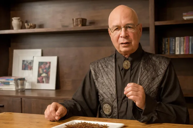 klaus schwab, sitting at a kitchen table, eating insects in a bowl, (insects:1.5), (bugs:1.5), (centipedes:1.5), <lora:klaus_schwab_v1_1:0.8>