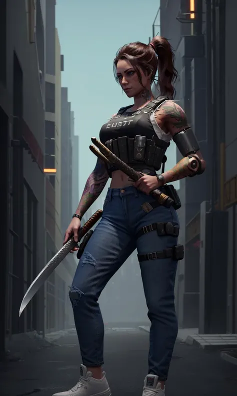 hannswd2024, full body, best quality, dramatic lighting, 1girl, cybernetic arm, jeans, sneakers, ponytail, tattoo, bulletproof vest, holding katana, thigh holster