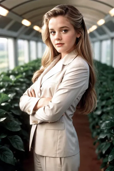 photo of Al1c14S1lv3rst0n3_HM_v2-135, a woman, perfect hair, (modern photo), wearing blazer, button-up, slacks, 35mm standard (analog, cinematic, film grain:1.3), Martian Agricultural Dome, Dome with hydroponic farms and advanced cultivation techniques for Mars., detailed eyes, professional pose, (epiCPhoto), (looking at viewer:1.1), (cinematic shot:1.3), (broad style lighting), <lora:add_detail:0.5>