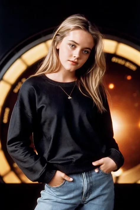 photo of Al1c14S1lv3rst0n3_HM_v2-135, a woman, perfect hair, (modern photo), wearing baggy sweatshirt and jeans, 28mm short telephoto (analog, cinematic, film grain:1.3), Galactic Observatory, Space observatory studying distant galaxies, black holes, and cosmic phenomena., detailed eyes, professional pose, (epiCPhoto), (looking at viewer:1.1), (cinematic shot:1.3), (loop style lighting), <lora:add_detail:0.5>