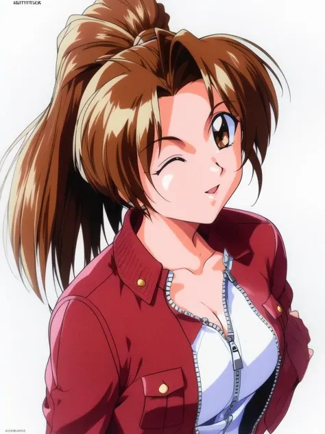 <lora:Kudanshita_Maeka:1>, kudanshitamaeka, 1girl, solo, one eye closed, brown hair, breasts, brown eyes, box, ponytail, cleavage, heart-shaped box, holding, gift, long sleeves, upper body, zipper, simple background, valentine, 1990s (style), looking at viewer, heart, jacket, high ponytail, holding gift, bangs, pocket, long hair, retro artstyle, shiny, zipper pull tab, collarbone, medium breasts, shiny hair, parted bangs, white background, shirt, large breasts,
masterpiece, high quality, very_high_resolution, large_filesize, full color,