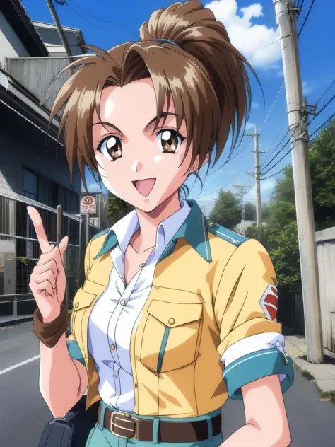 <lora:Kudanshita_Maeka:1>, kudanshitamaeka, 1girl, solo, brown hair, day, sleeves rolled up, brown eyes, uniform, ponytail, outdoors, sky, open mouth, building, utility pole, pointing, smile, power lines, belt, cloud, tree, ;d, ground vehicle,
masterpiece, high quality, very_high_resolution, large_filesize, full color,