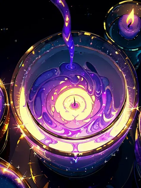 A Magic candle crying wax and centered in the image, nearing its end, (displays melted wax clinging to its sides and pooling on the surface it rests upon), The flame flickers delicately, casting a dim glow as the remaining wax slowly diminishes, textures in ascii, purple fire, purple light,