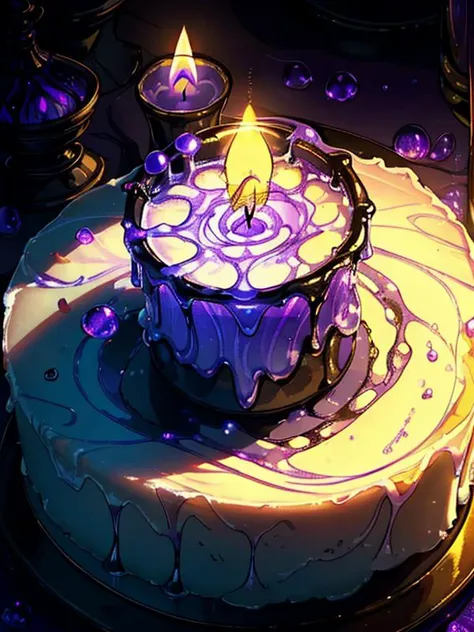 A Magic candle crying wax and centered in the image, nearing its end, (displays melted wax clinging to its sides and pooling on the surface it rests upon), The flame flickers delicately, casting a dim glow as the remaining wax slowly diminishes, textures in ascii, purple fire, purple light,