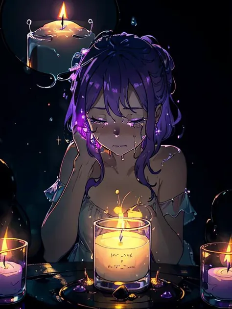A Magic candle crying wax and centered in the image, nearing its end, (displays melted wax clinging to its sides and pooling on the surface it rests upon), The flame flickers delicately, casting a dim glow as the remaining wax slowly diminishes, textures in ascii, purple fire, purple light,