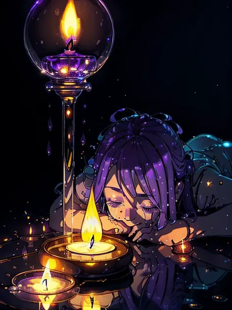 A Magic candle crying wax and centered in the image, nearing its end, (displays melted wax clinging to its sides and pooling on the surface it rests upon), The flame flickers delicately, casting a dim glow as the remaining wax slowly diminishes, textures in ascii, purple fire, purple light,