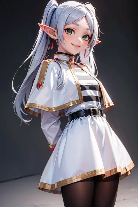 <lora:Beautiful_CAT_v3:0.8>,
(masterpiece), best quality, high resolution, highly detailed, perfect lighting,
aafrie, long hair, white hair, twintails, pointy ears, earrings, green eyes, thick eyebrows, white capelet, striped shirt, long sleeves, belt, white skirt, black pantyhose , <lora:frieren_v1:0.7>, cowboy shot, smile,
(hands behind back:1.1),