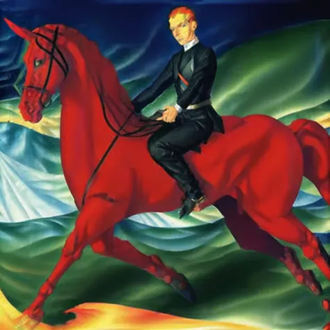 A rider on a fiery red horse charges through a majestic river, immersed in the avant-garde style of suprematism. The bold geometric forms and vibrant colors of the rider's attire reflect the influence of suprematist art. The rider's stoic expression and confident posture convey a sense of power and determination as they navigate the rushing waters. The river itself becomes a dynamic backdrop, with its fluid motion and interplay of light and shadow adding depth to the composition. This captivating scene merges the energy of equestrianism with the abstract aesthetics of suprematism, resulting in a visually striking and thought-provoking image. pvodkin, Petrov-Vodkin,
<lora:pvodkin:1>