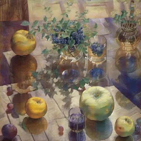 In a serene and carefully arranged composition, a still life painting captures the essence of nature's bounty. Fresh, ripe fruits such as apples, oranges, and grapes are artfully placed alongside a delicate glass, reflecting the surrounding light. Each fruit emanates its unique colors and textures, inviting the viewer to savor their natural beauty. The glass, with its transparent and delicate form, adds a touch of elegance to the arrangement. The play of light and shadows creates a sense of depth and realism, while the overall composition evokes a sense of tranquility and appreciation for the simple pleasures of life. pvodkin, Petrov-Vodkin,
<lora:pvodkin:0,75>