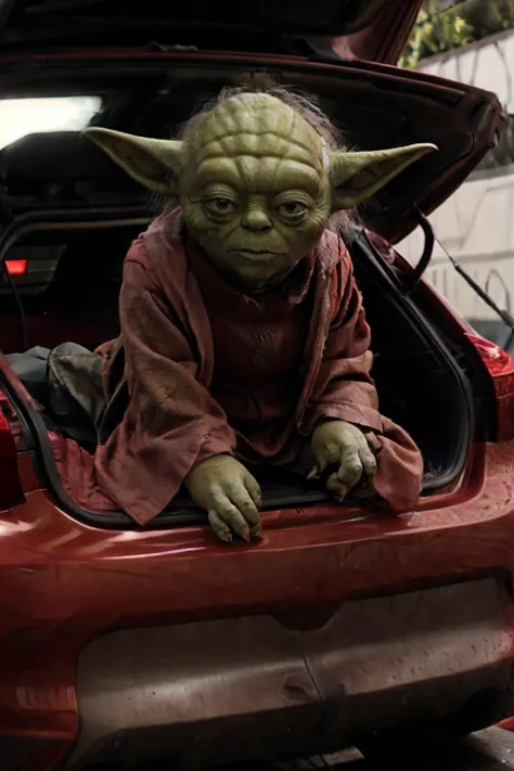 Yoda, realistic, <lora:Yoda:0.65>,sitting, InTheTrunkSitting of a red hatchback car, solo, looking at viewer, trunk, <lora:InTheTrunkSitting:0.65>, best quality